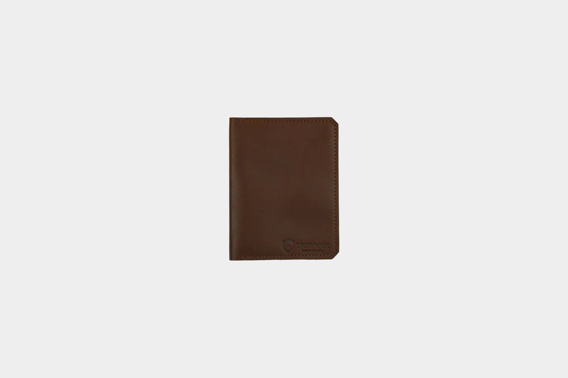 Trayvax Explorer Passport Wallet showcasing its American leather and unique angled design.