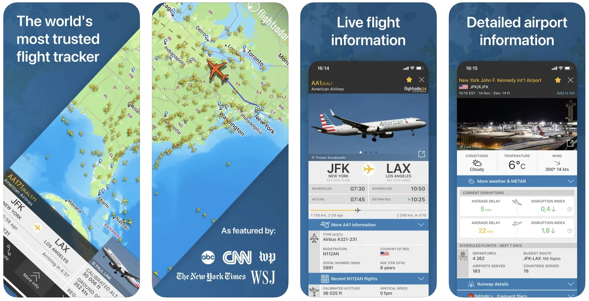 Screenshots of Flightradar24, one of the best apps for business travelers