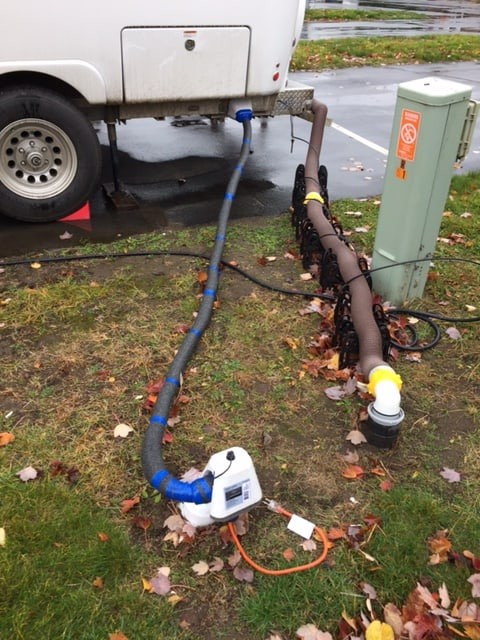 While camper hooked up to sewer and a water hose that has been winterized.