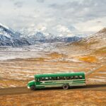 Visitors in Denali National Park and Preserve ride a non-narrated green transit bus to get from the Denali Bus Depot to points throughout the park.