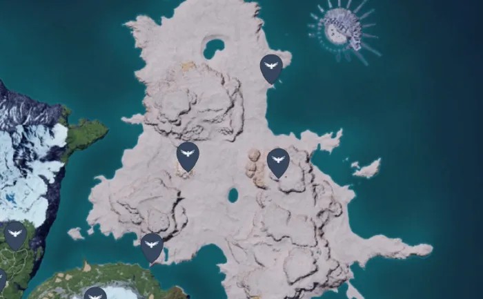 A map showing the Island region of Palworld with fast travel locations marked, highlighting the density of statues in this early game area.