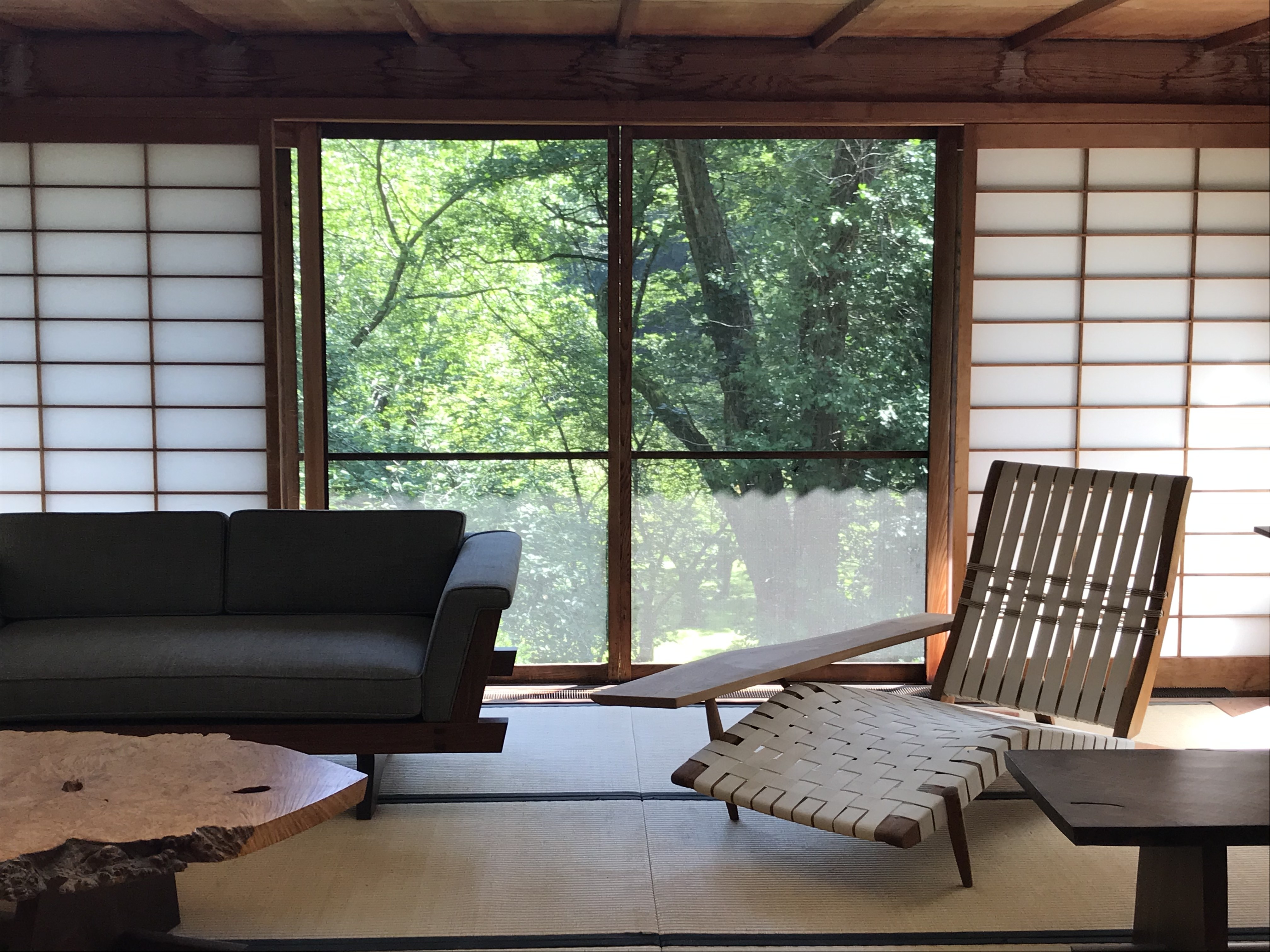 Display of handcrafted wooden furniture at George Nakashima Woodworkers showroom