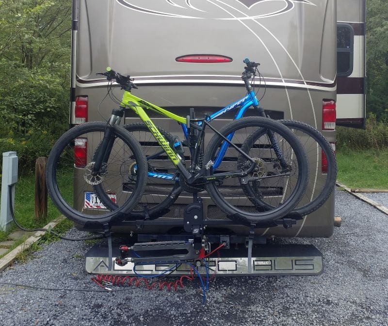 Bikes attached to the Swagman RV-Approved Bike Rack before cover installation and electrical cable setup.