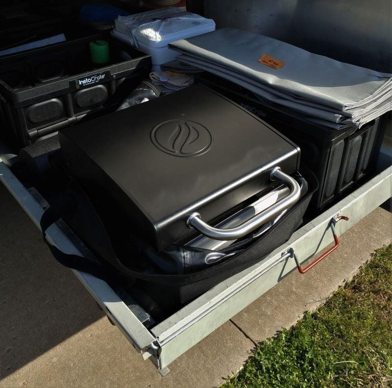 The griddle is in our slide tray which is in our storage bay. I always remove the grill from the storage bag and then use the storage bag for a cover.