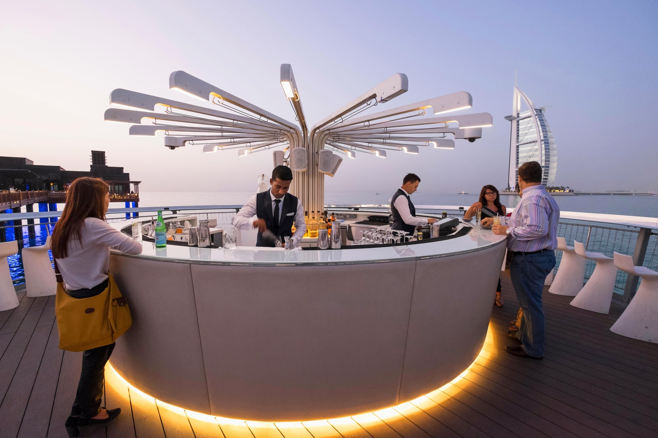 Elegant bar at Pierchic, Jumeirah Al Qasr in Dubai, showcasing the city's luxury dining and safe nightlife experiences for tourists.