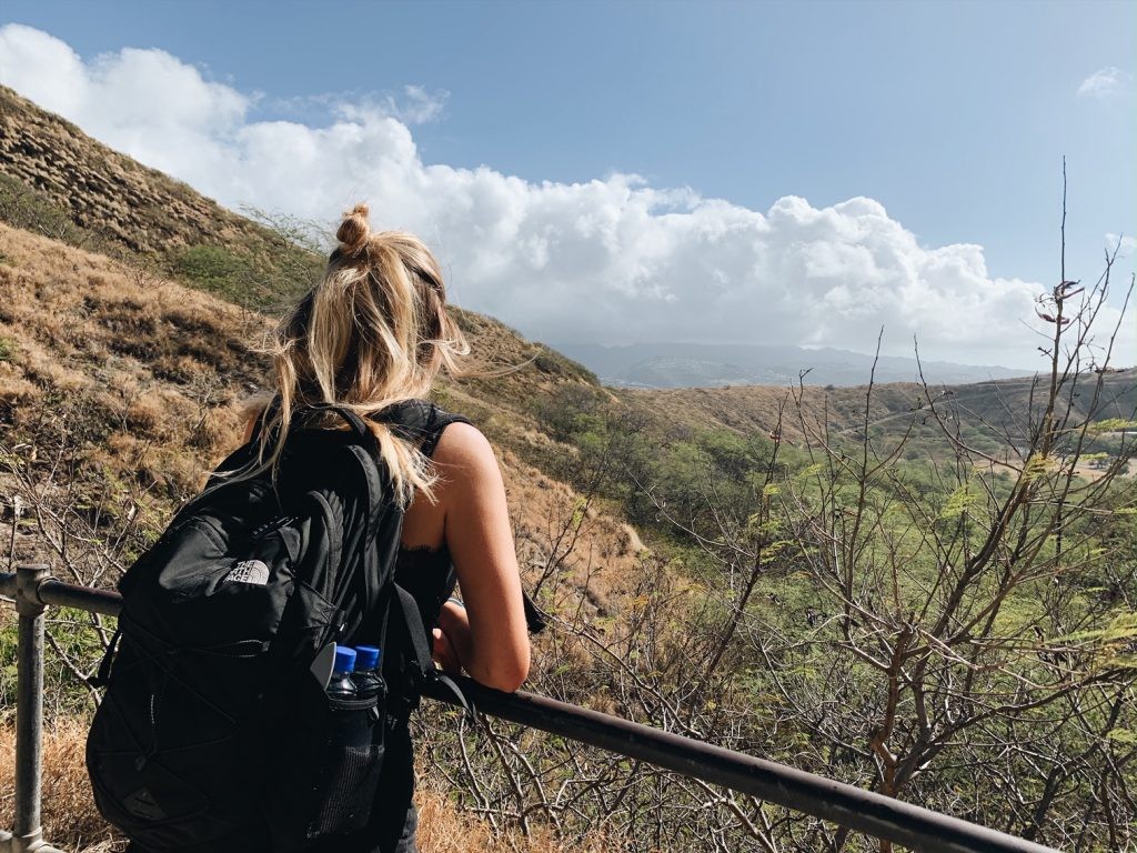 Traveler enjoying the view from Diamond Head, Oahu