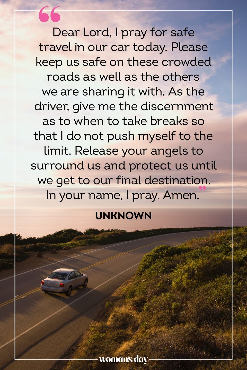 A car driving on a scenic road, representing a prayer for safe car travel