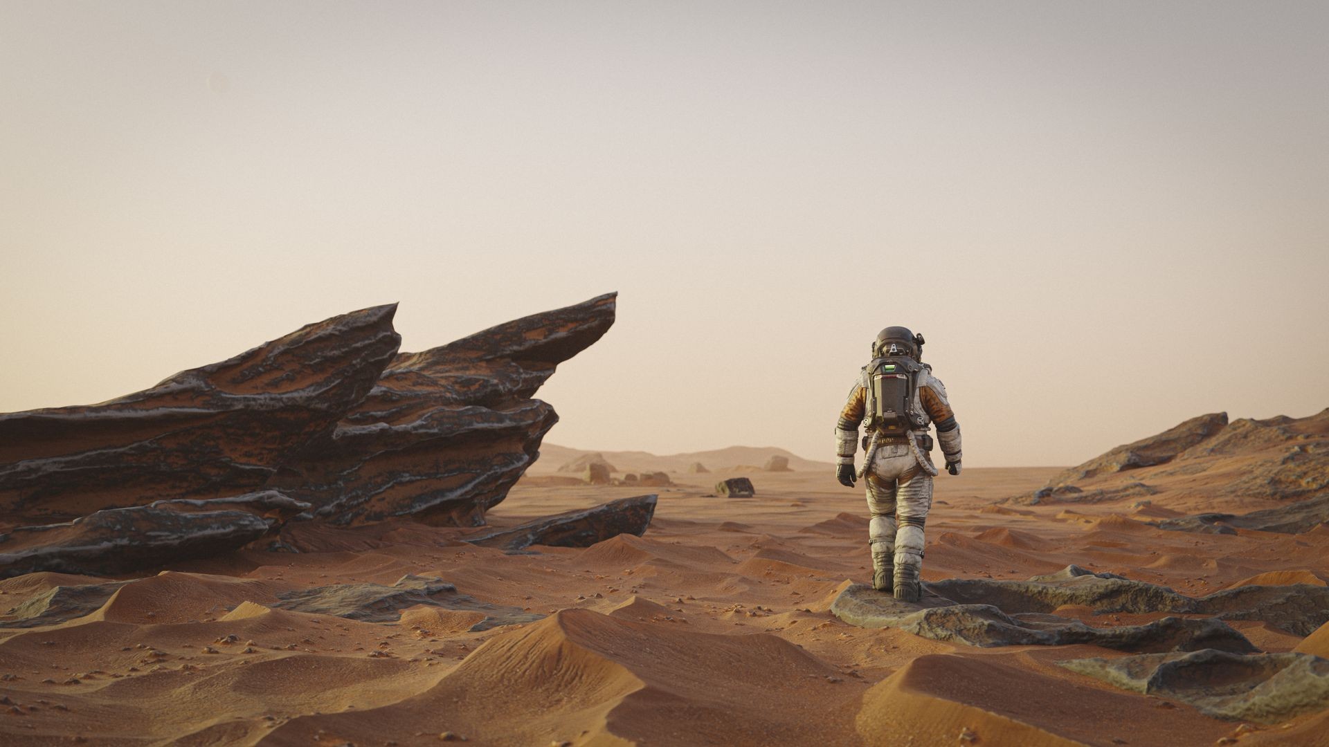 Graphic illustration of an astronaut confidently walking on the rusty, undulating surface of Mars, under a pale sky.