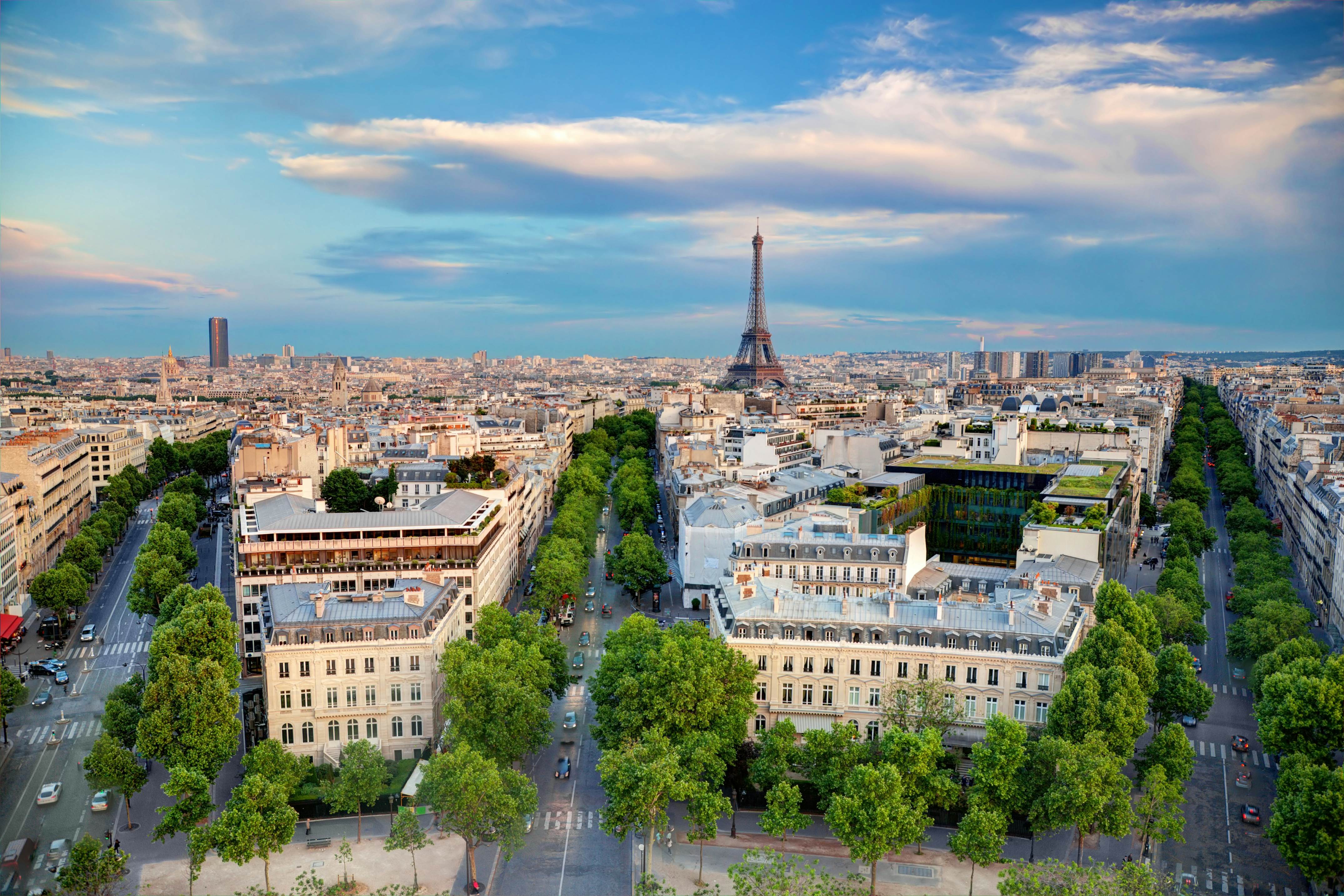 Eiffel Tower dominating the Paris skyline at dusk