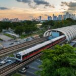 A modern MRT train arriving at a station in Singapore with skyscrapers in the background