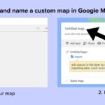 Screenshot of the "Create a new map" button and the map naming screen in Google My Maps, highlighting the initial steps to begin planning a trip.