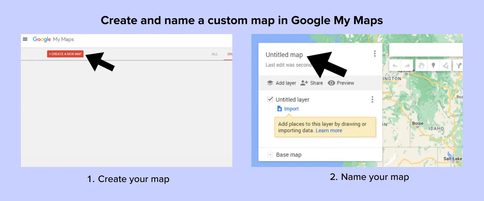 Screenshots of “create a map” button and the map naming screen.