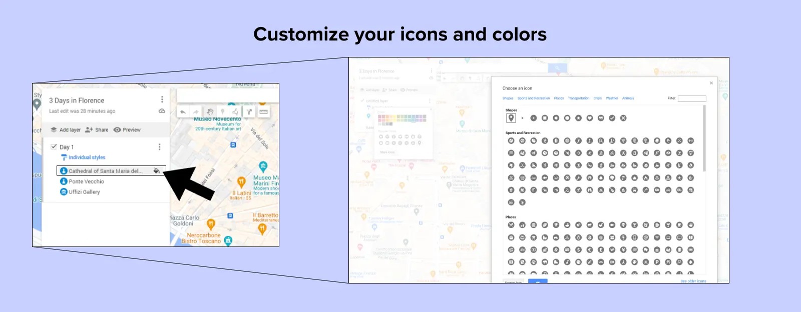 Screenshots showcasing how to customize pin colors and icons in Google Maps, enabling visual organization of your travel itinerary.