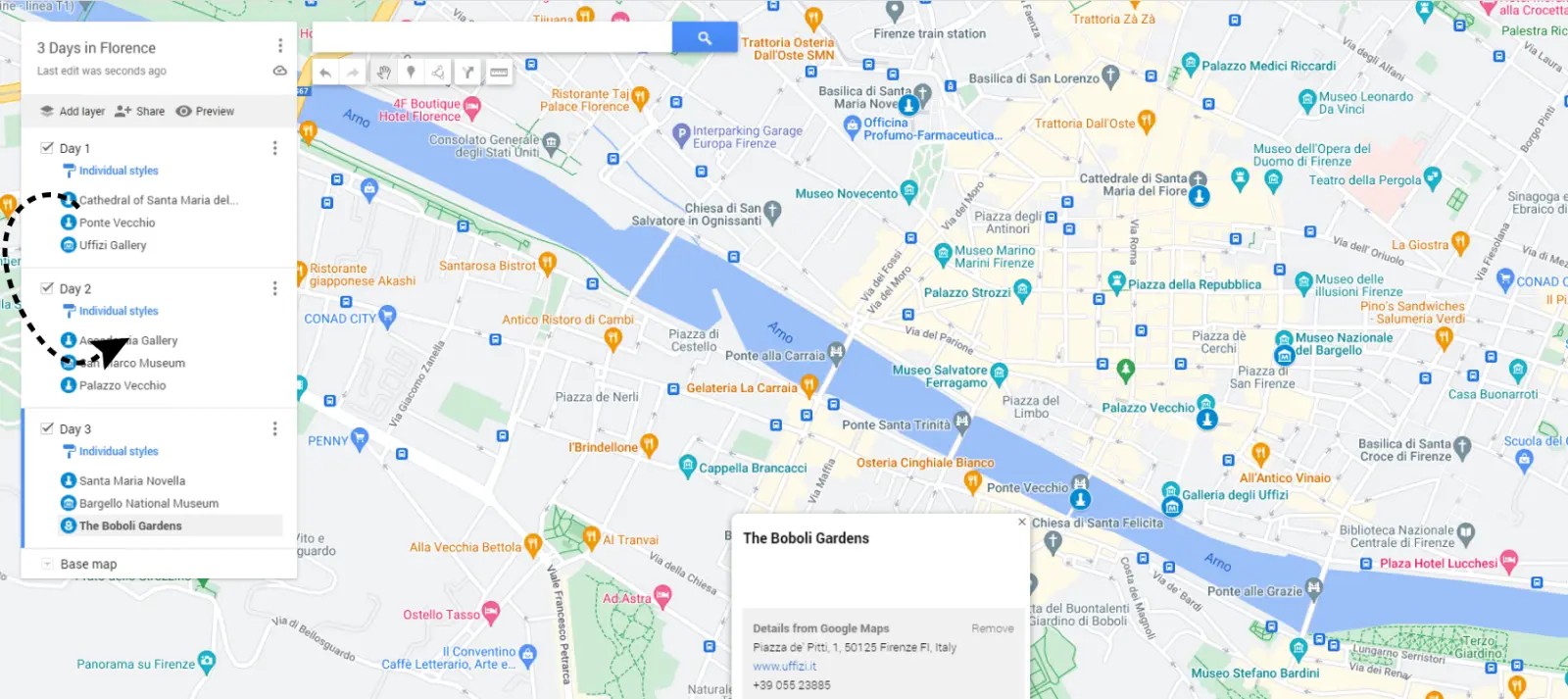 Screenshot demonstrating how to move layers on Google Maps, illustrating the drag-and-drop functionality for organizing your daily itinerary within the Google Travel Planner.