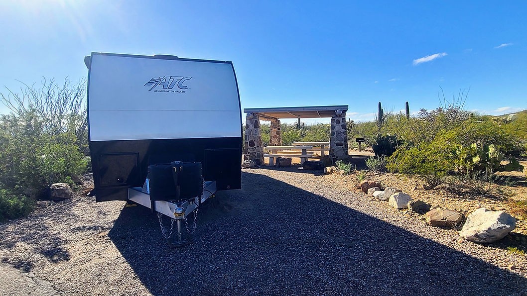 Tight campsite at Gilbert Ray Campground, Tucson, AZ, illustrating the difficulty of deploying SolidStep RV steps