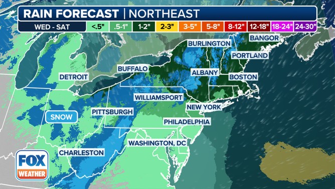 This graphic shows the forecast rain totals in the Northeast.