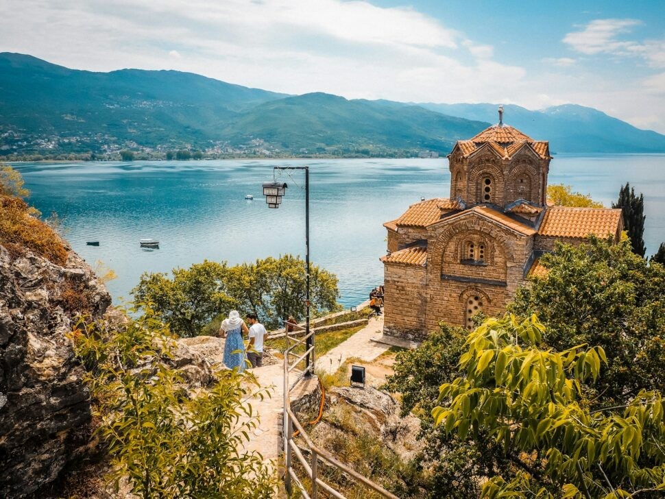 Scenic landscape of Ohrid Lake in North Macedonia, with mountains in the background