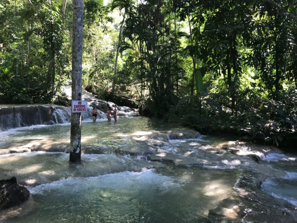 Cascading Dunn's River Falls in Ocho Rios, Jamaica, a popular tourist attraction