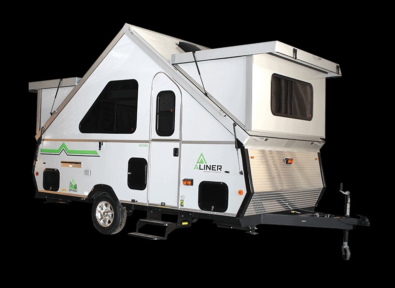 Aliner Expedition A-frame camper, showcasing its unique shape and solid wall construction