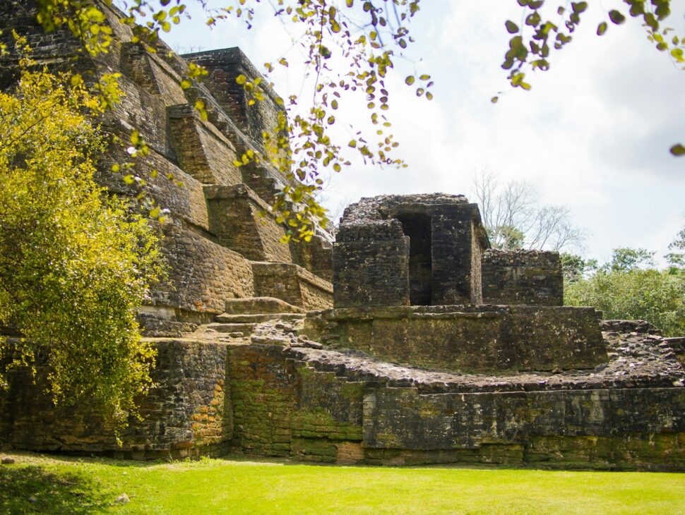 Lush green landscape in Belize with ancient Mayan ruins peeking through the trees