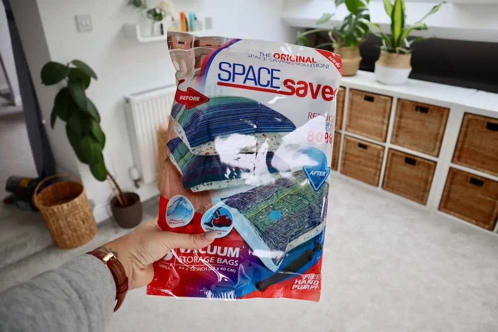 Image of Amazon Space Saver Vacuum bags packaging, reinforcing the product focus of the article and brand recognition.