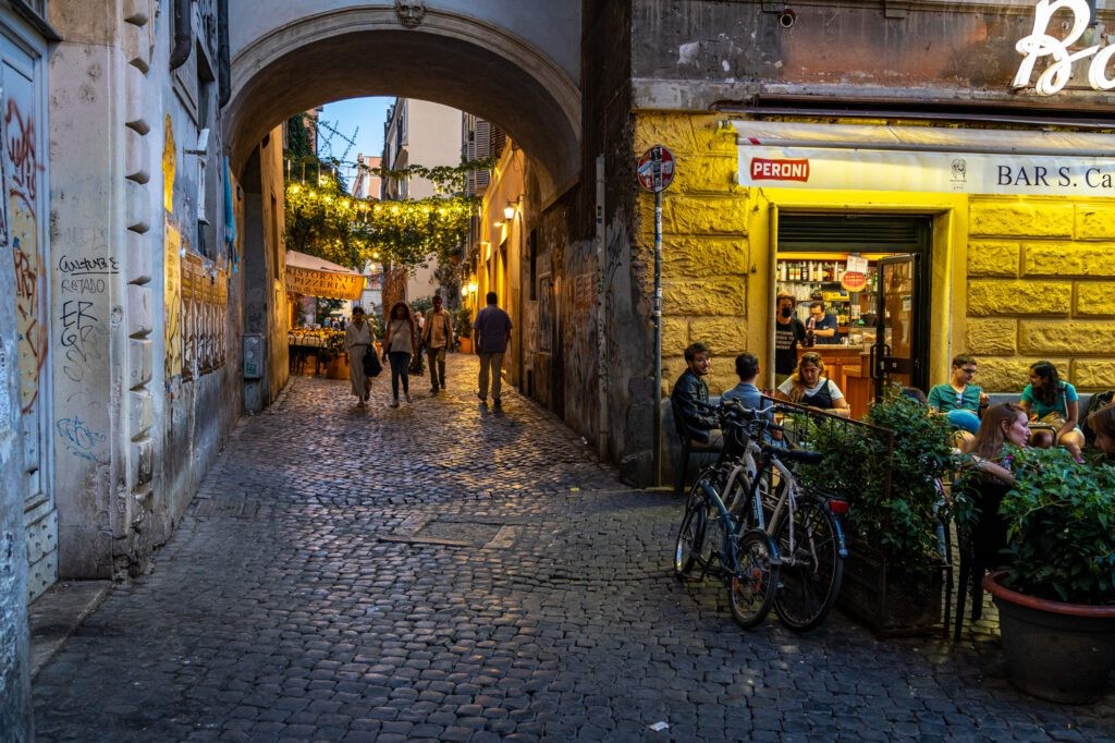 Evening scene in the Trastevere neighborhood of Rome