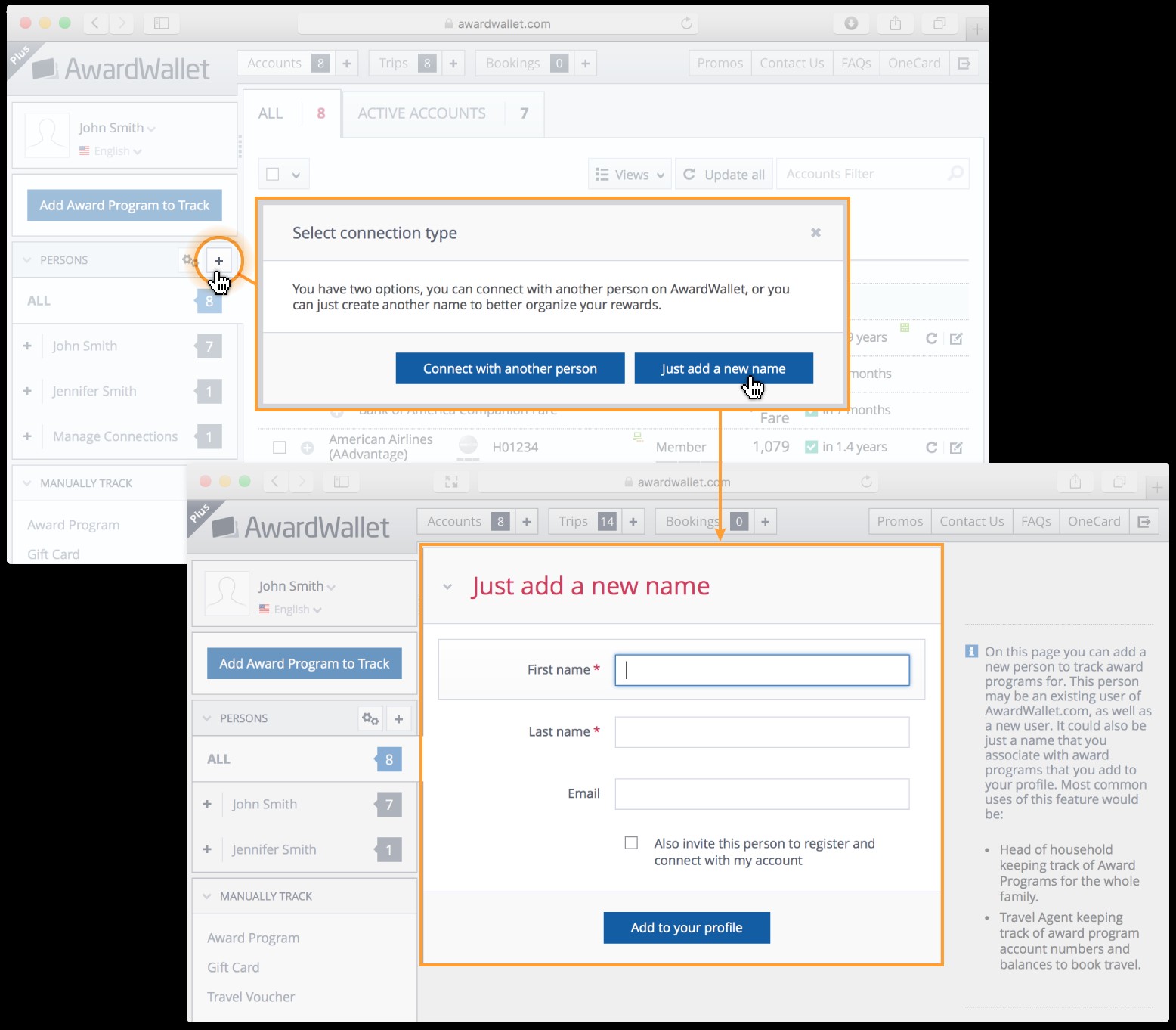 Composite image showing how to add a new family member to your AwardWallet account