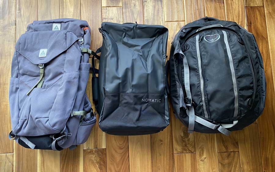 Variety of travel backpack sizes, including Salkan, Nomatic, and Osprey