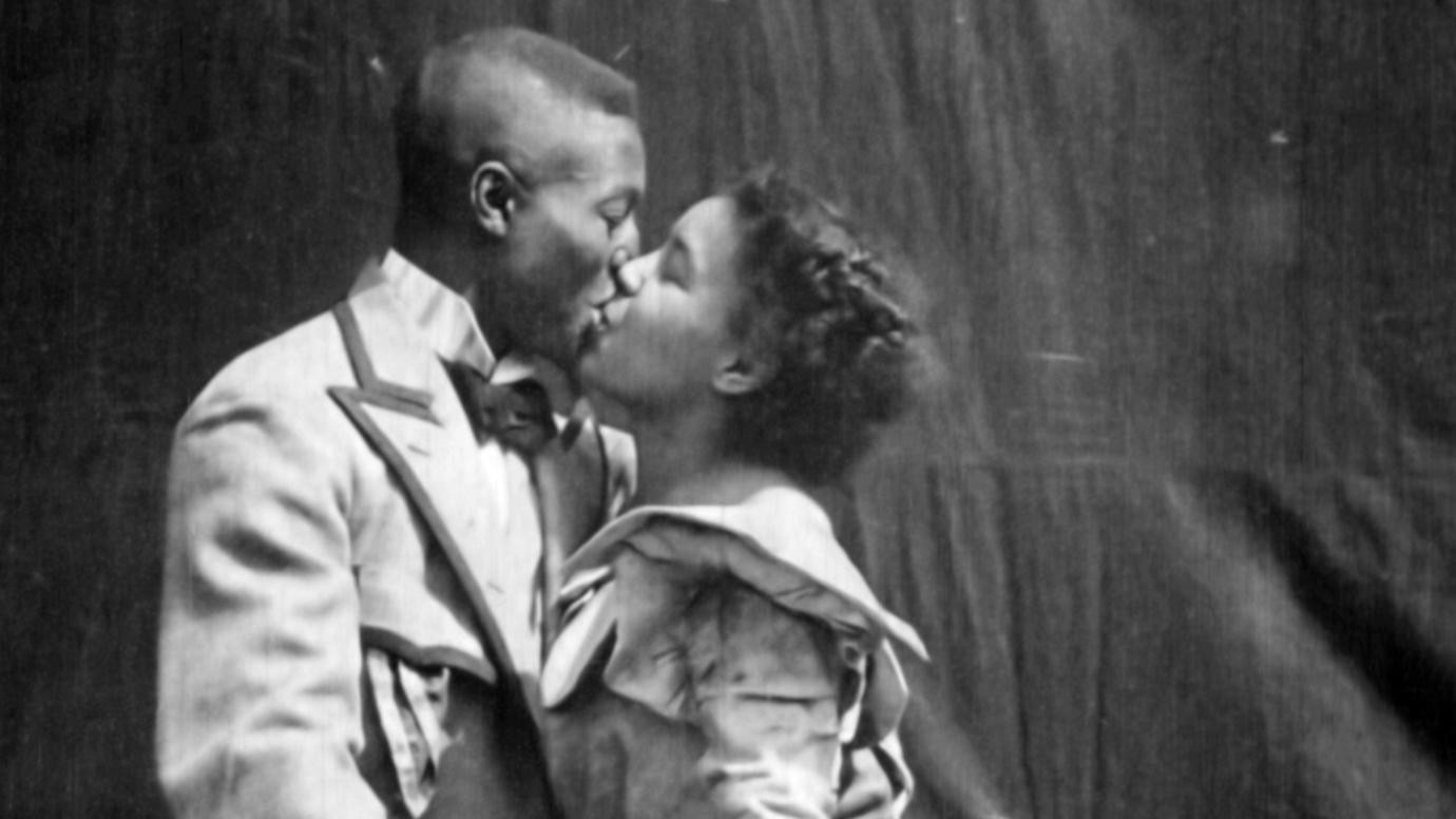 Still from Something Good—Negro Kiss (1898) depicting a Black couple kissing, showcasing early cinematic representations of Black affection.