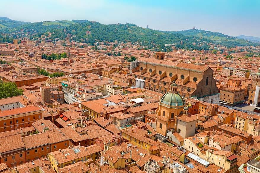 Bologna skyline showcasing its terracotta rooftops, Italy