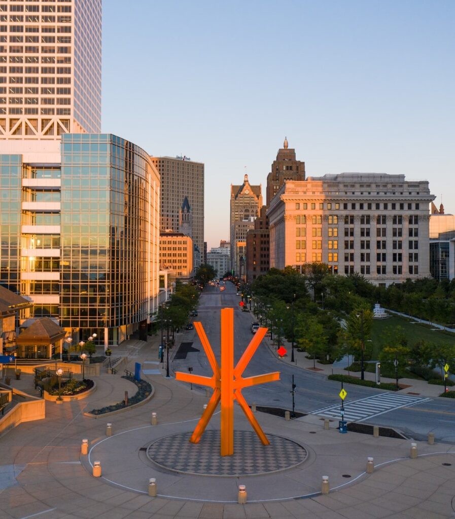 Downtown Milwaukee skyline reflected in Lake Michigan