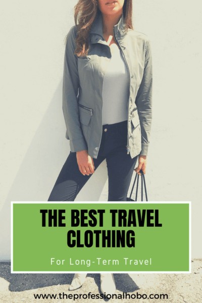 Pin image for article about best travel clothes for women, featuring Anatomie brand for long-term travel.