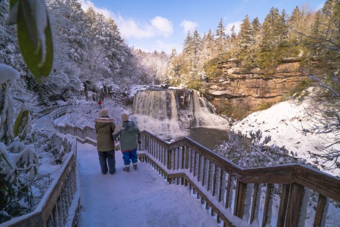 Frozen Blackwater Falls cascading in winter scenery