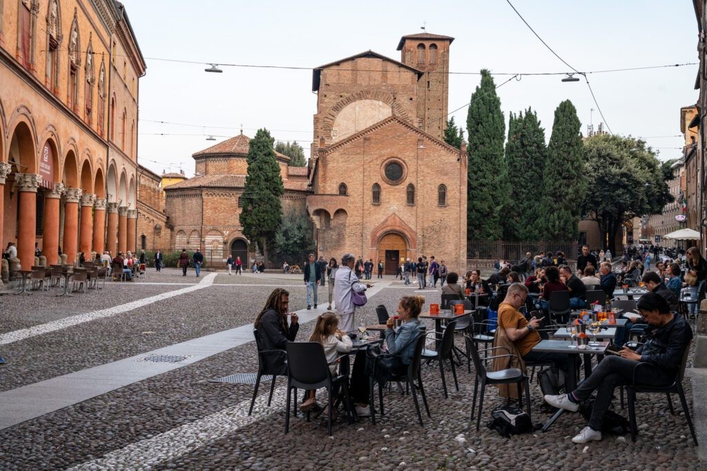 Cityscape of Bologna, Italy, with its characteristic red rooftops