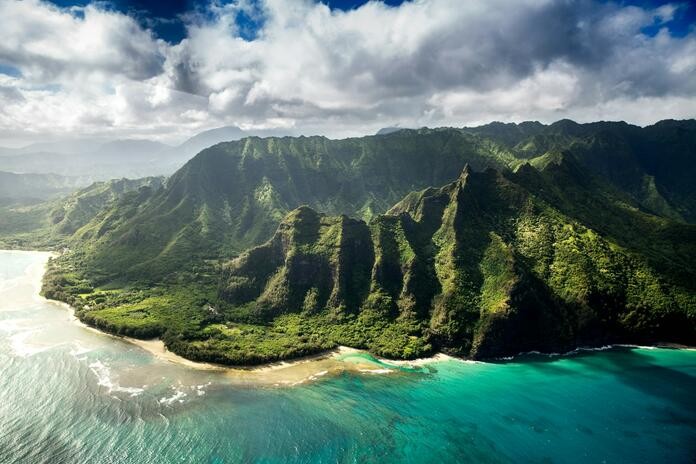 Lush green mountains and coastline of Kauai, Hawaii