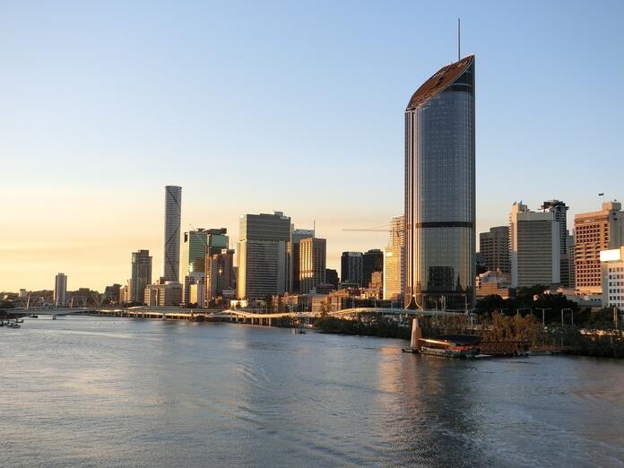 Aerial view of Brisbane city skyline and river in Australia