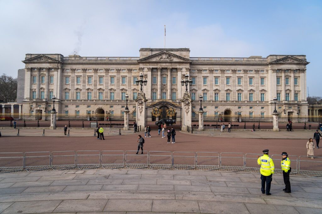 Buckingham Palace, the official London residence of the monarch, with the Royal Standard flag flying above