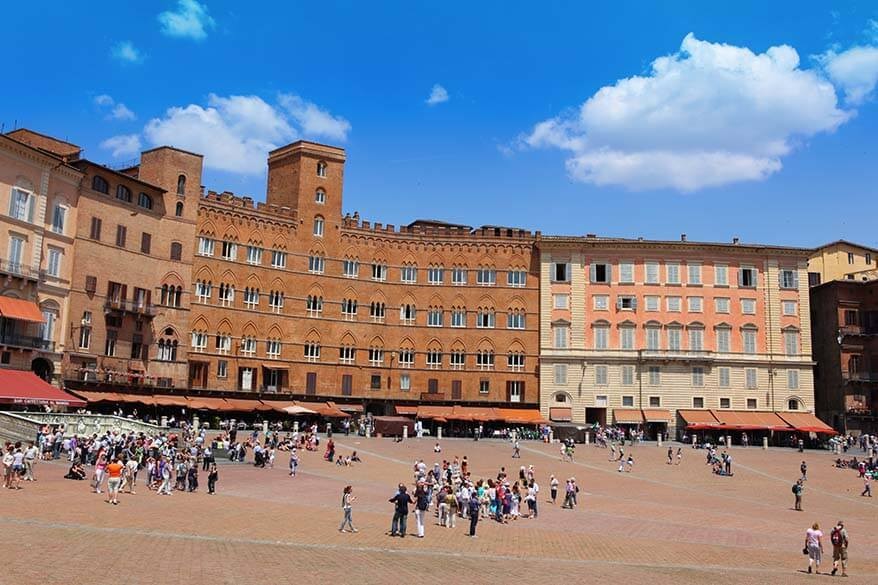 Buildings surrounding Piazza del Campo in Siena, Italy, showcasing its architectural harmony