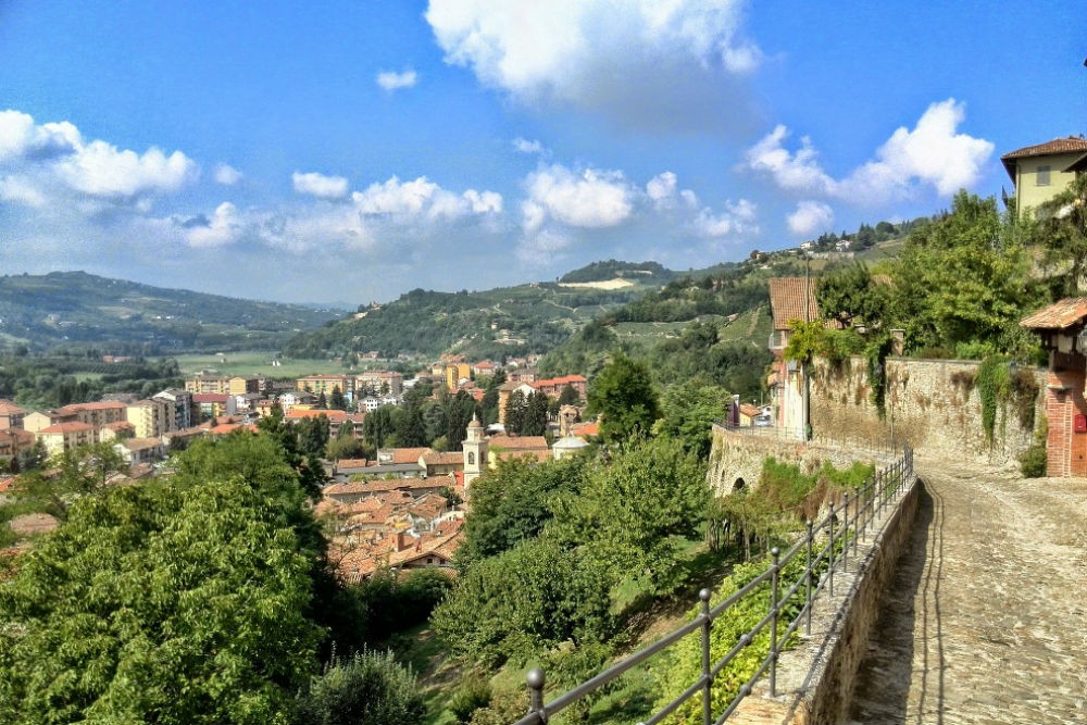 view of Canelli, a charming town nestled in the Piedmont region of Italy, showcasing lush greenery, historic buildings, and clear blue skies