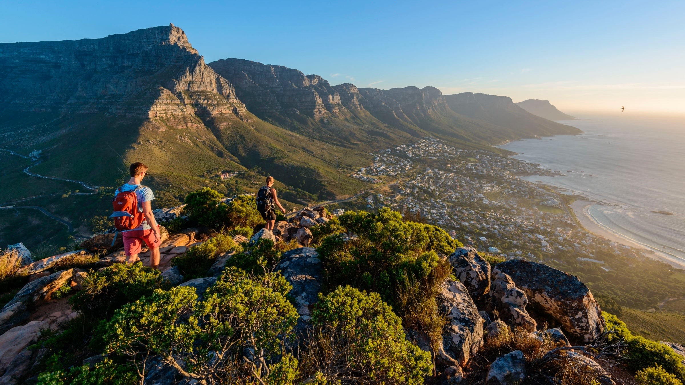 Two hikers rambling along a trail with views of Table Mountain and the 12 Apostles viewed from Lion