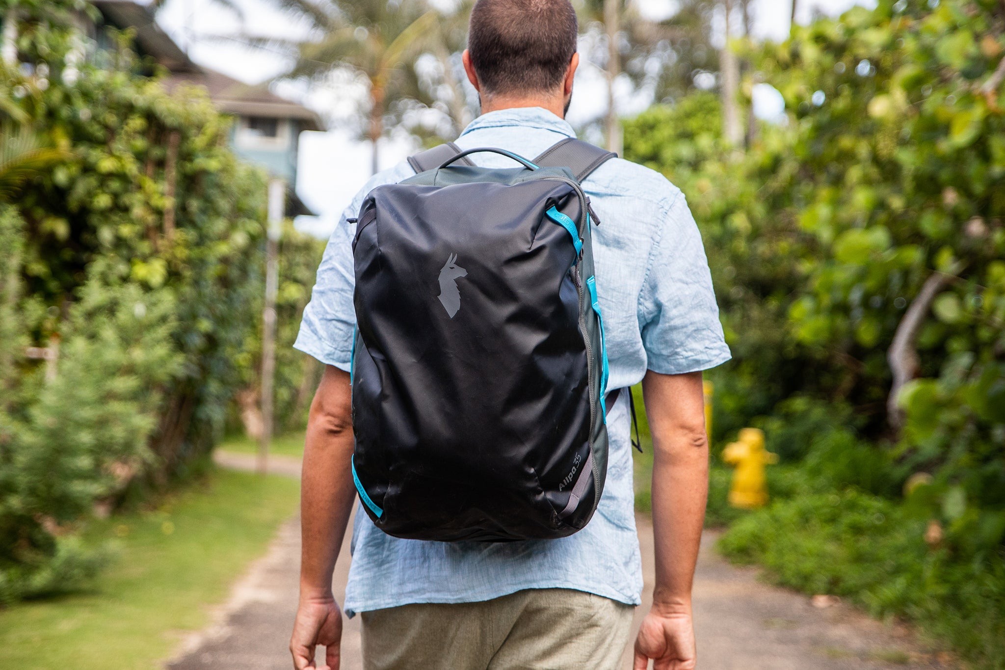 Cotopaxi Allpa 35L backpack in black with grey logo and aqua accents worn by a person in a blue shirt standing outside.