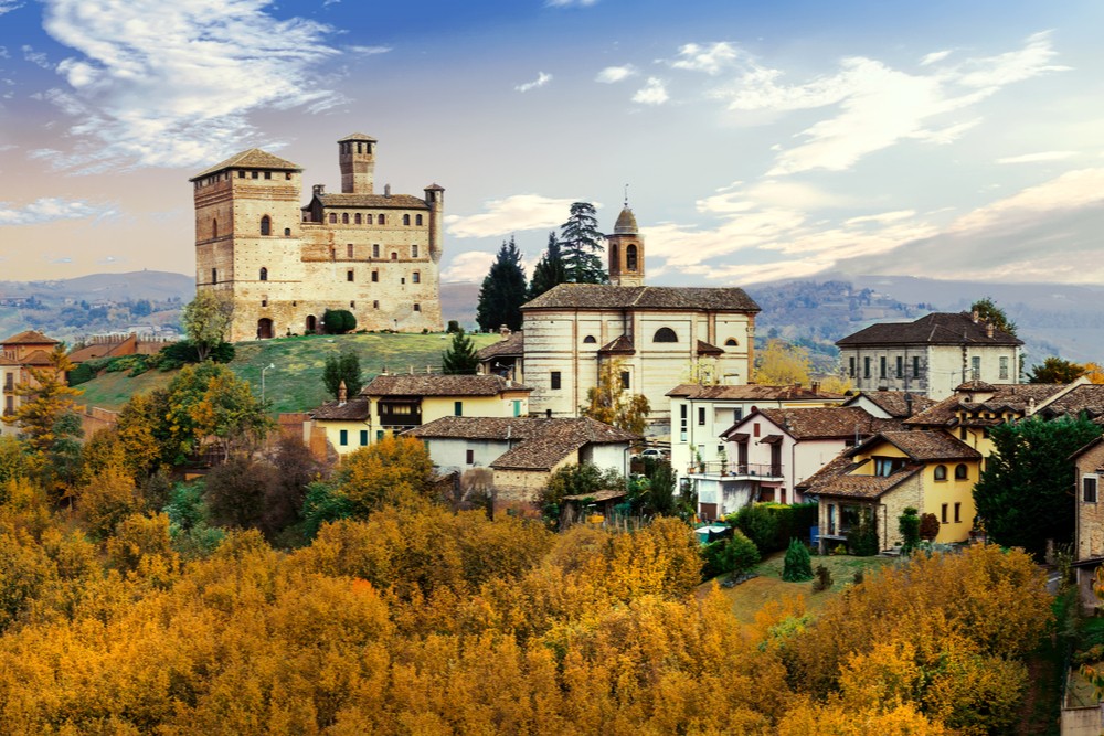 Panoramic view of Castello di Grinzane Cavour and vineyard, Piedmont, Italy