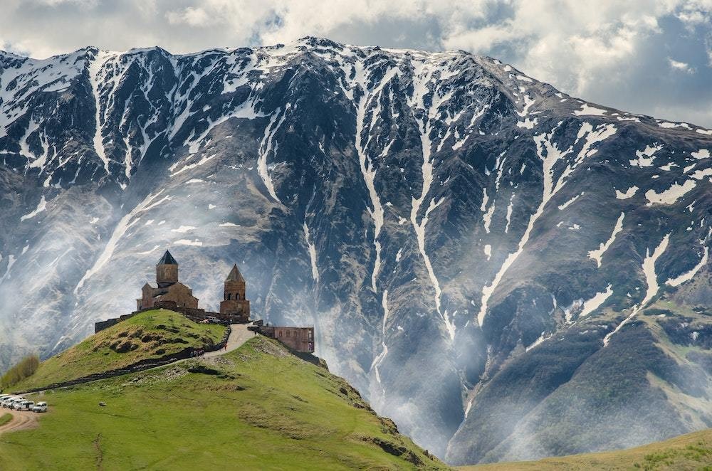 Kazbegi National Park, Georgia, a mountainous landscape in an inexpensive European country