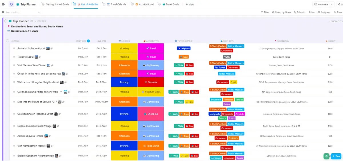 Visualize your trip, budget plan, reservations, and everything in between in one place using the ClickUp Trip Planner Template