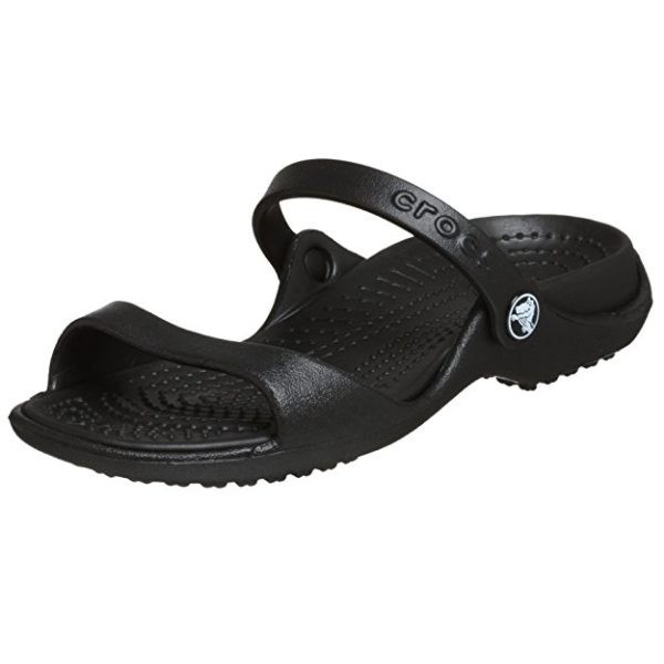 Black Crocs Cleo sandals, highlighting their suitability as walking travel sandals.