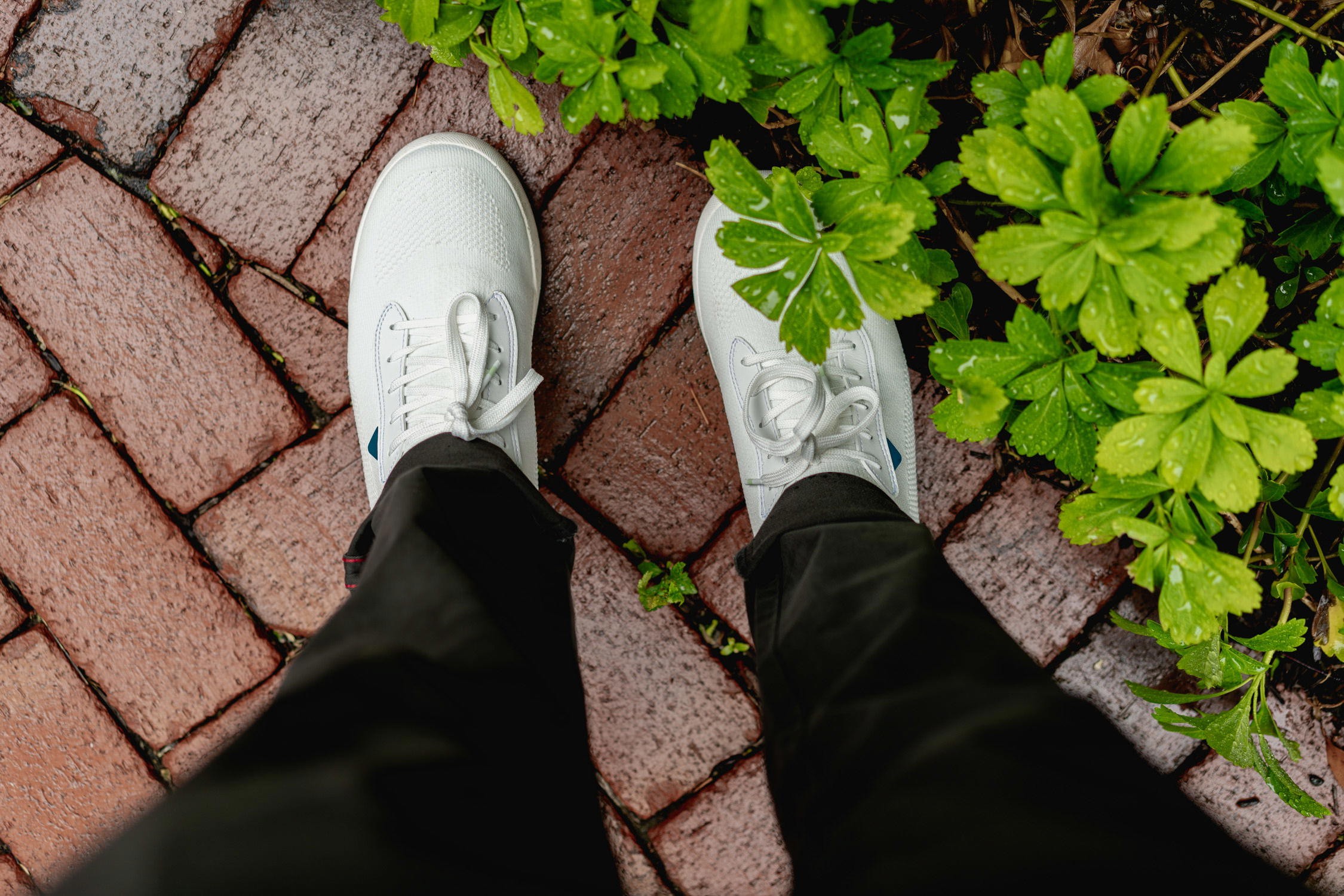 Close-up of white Vessi Weekend waterproof travel shoes showcasing the design and material.