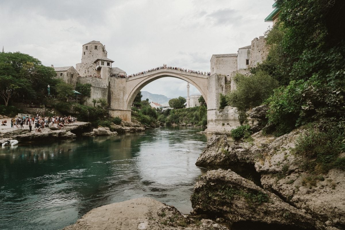 Iconic Stari Most bridge in Mostar, Bosnia and Herzegovina, a worthwhile day trip destination from Dubrovnik within a Croatia travel itinerary.