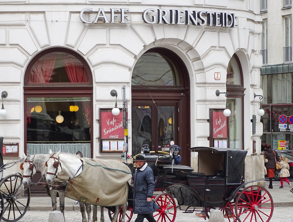 A winter scene in Vienna with horses and a carriage parked outside a grand cafe; the horses are warmly covered with rugs.