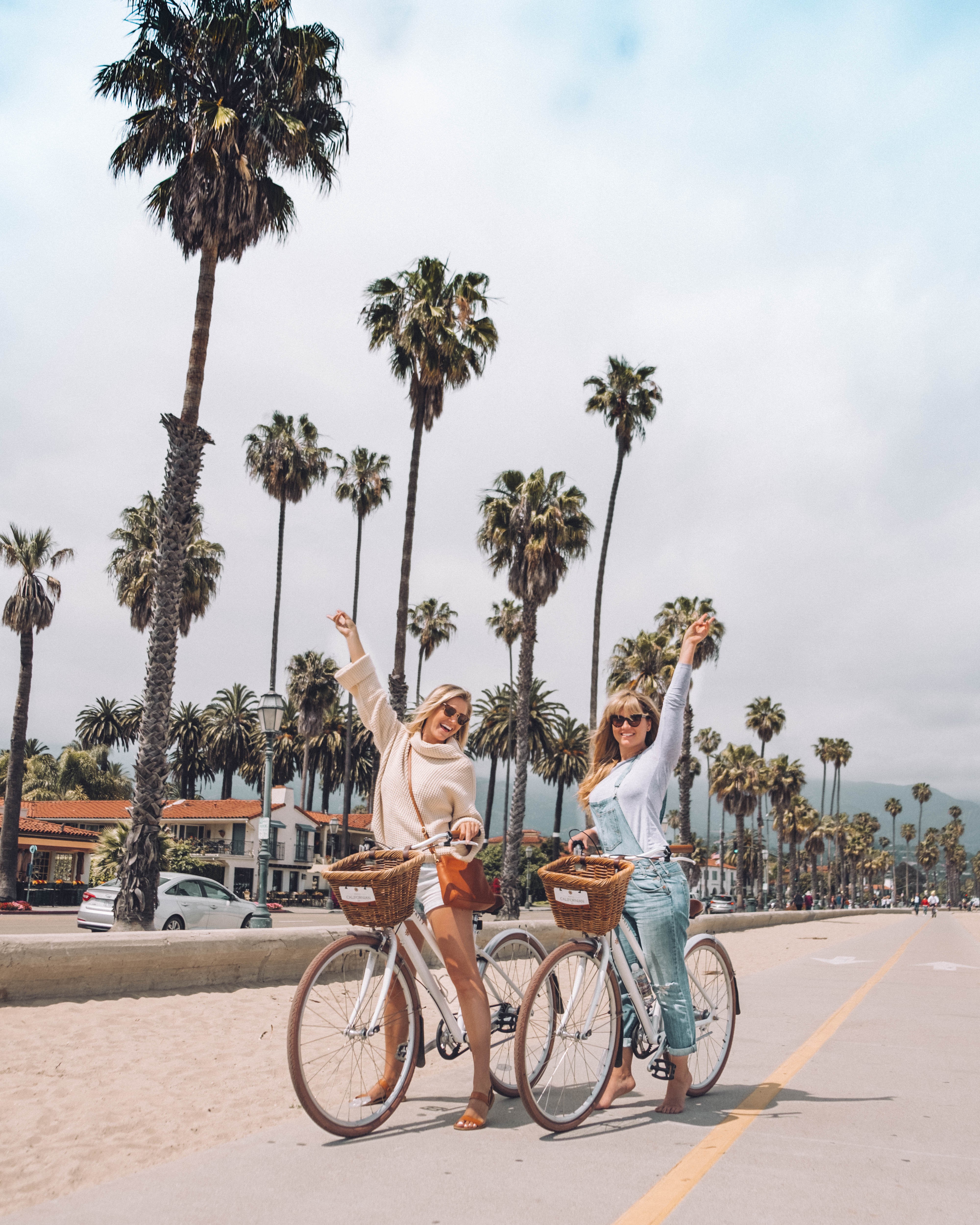 Two women pose for a fun photo under iconic palm trees in Santa Barbara, showcasing Google Image Search for finding famous landmarks