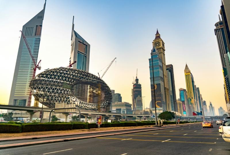 Dubai skyline, UAE, a premium travel spot known for futuristic skyscrapers and lavish shopping.